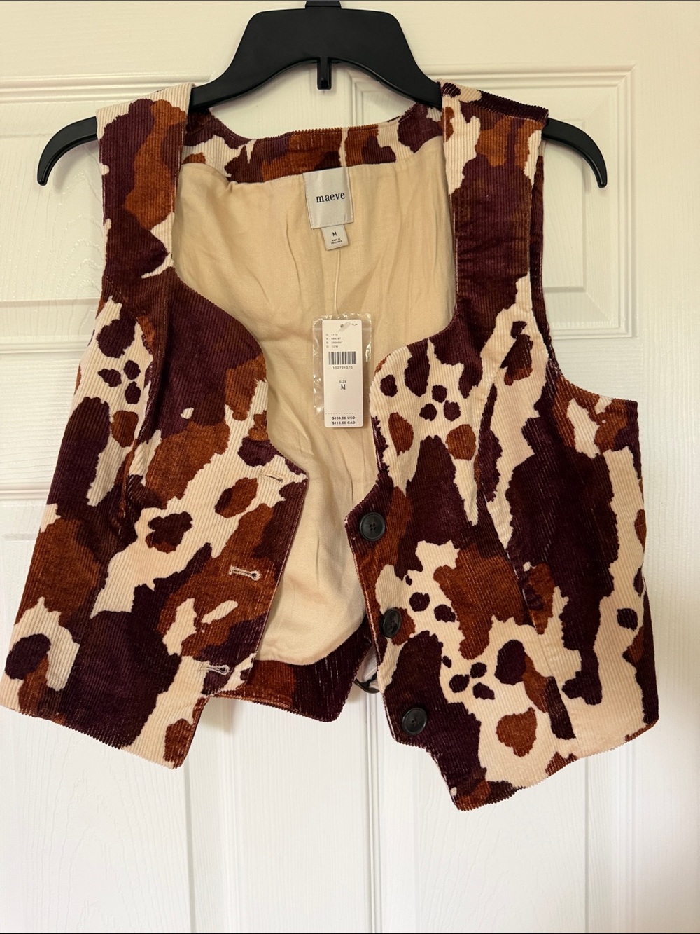 Maeve Brown and Cream Corduroy Cowprint Vest Anthro NWT